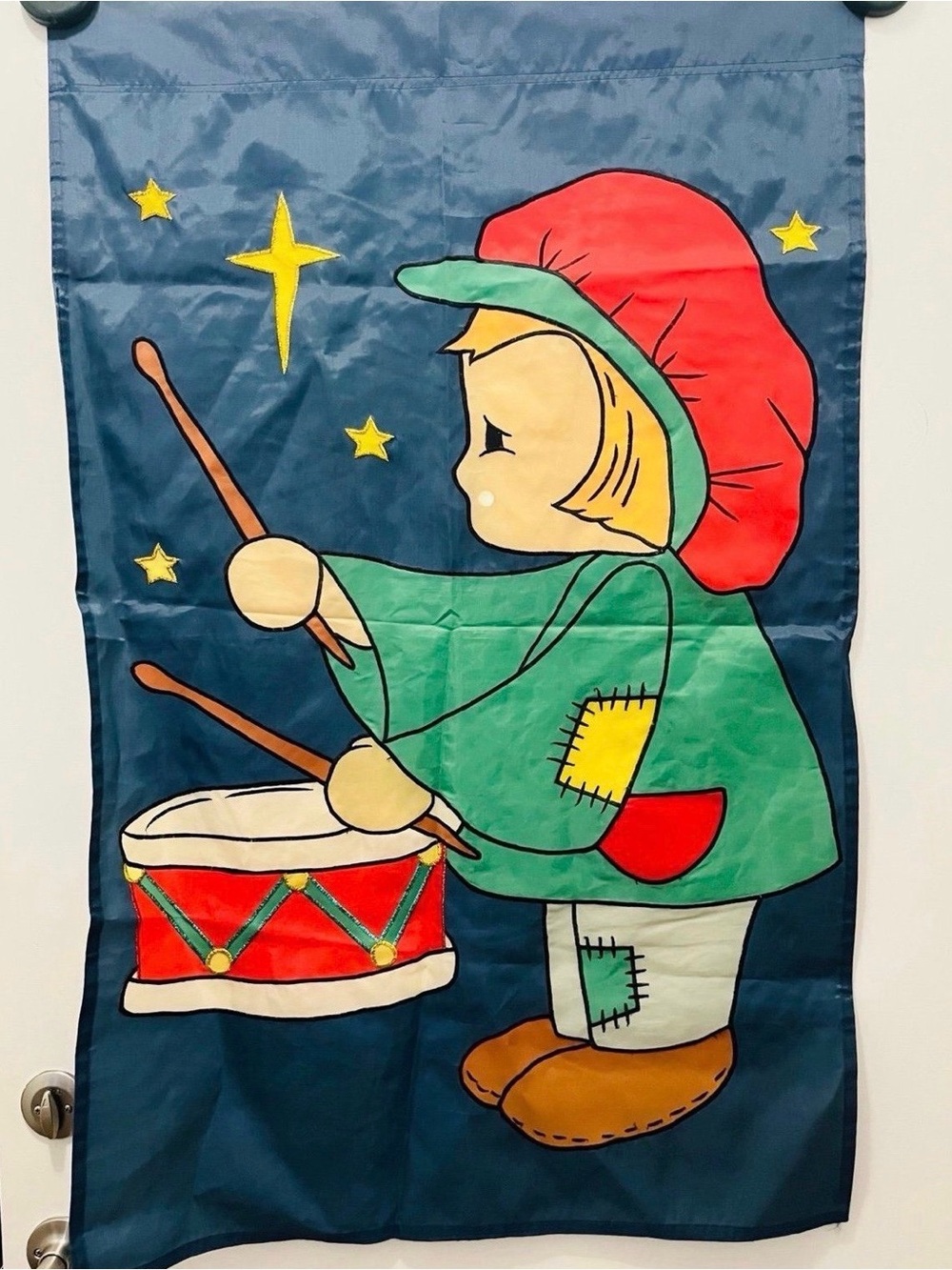 Vintage Drummer Boy Large Christmas House Flag with Stars Blue Red Green Yellow